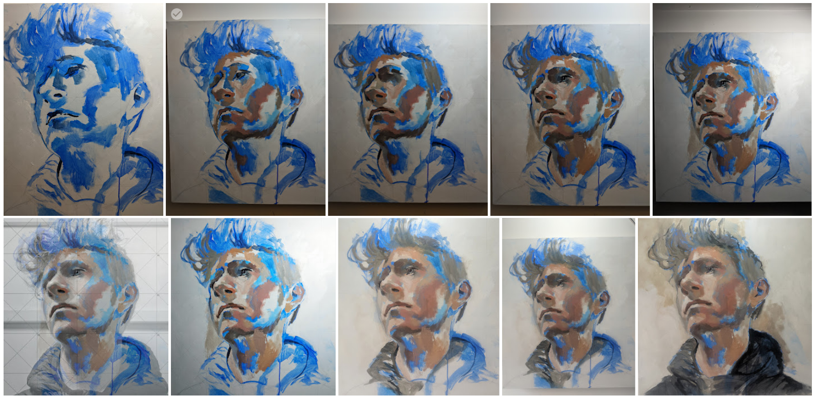 Stage 1, blue underpainting to basic form established, about an hour and a half to get to this stage.